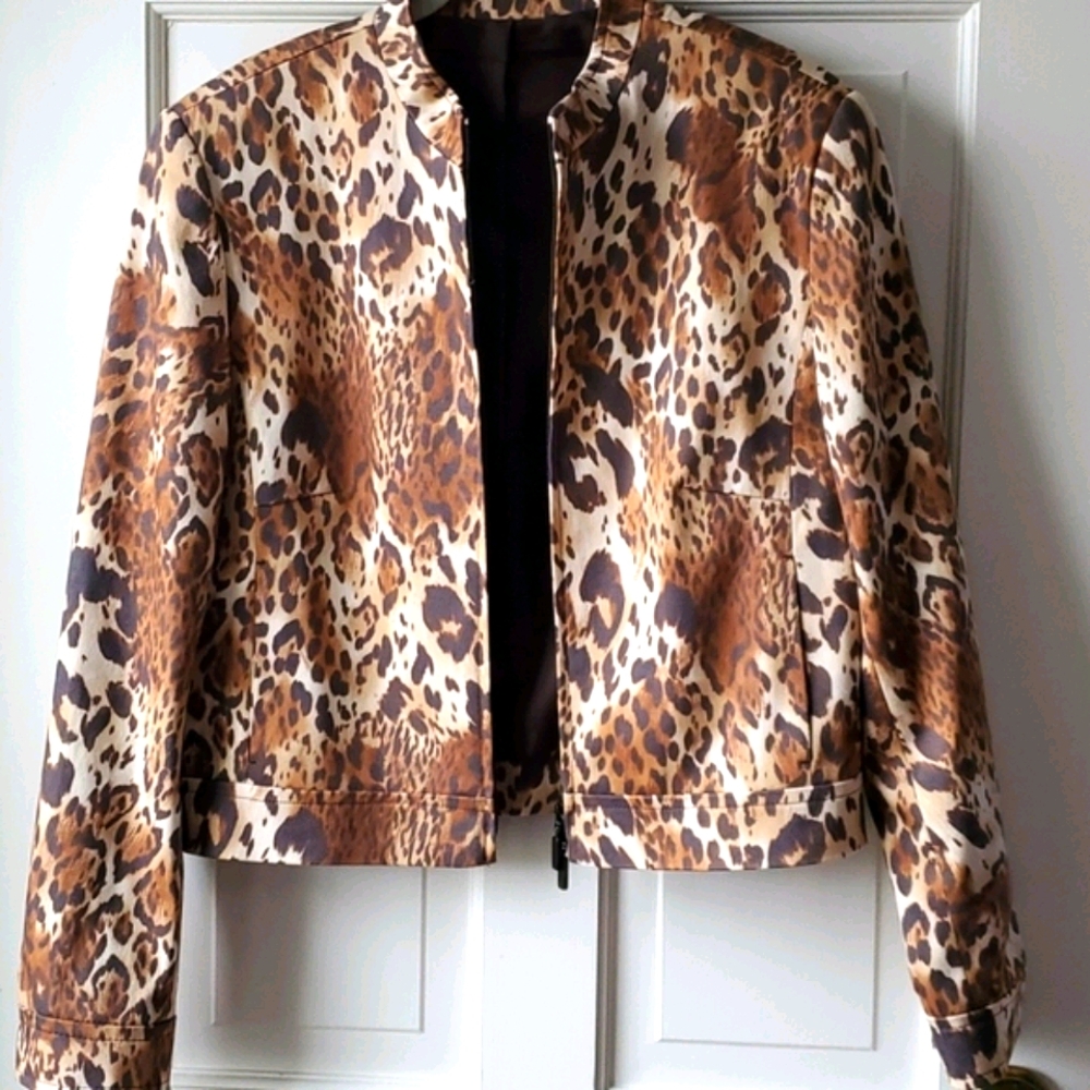 ANIMAL PRINT BROWN COTTON ZIP JACKET SIZE 10 US